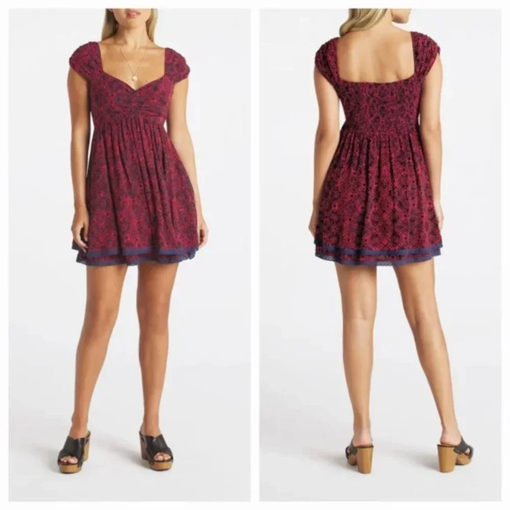 Free People Tabitha Floral Sweetheart Neck Cap Sleeve Babydoll Mini Dress M NWT